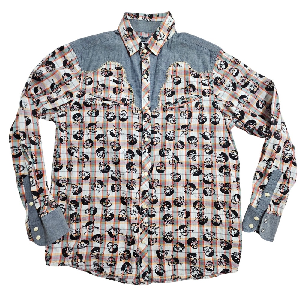 Rock Roll-n-Soul Western Shirt Mens M Multicolor Skull Plaid Pearl Snap Long Slv